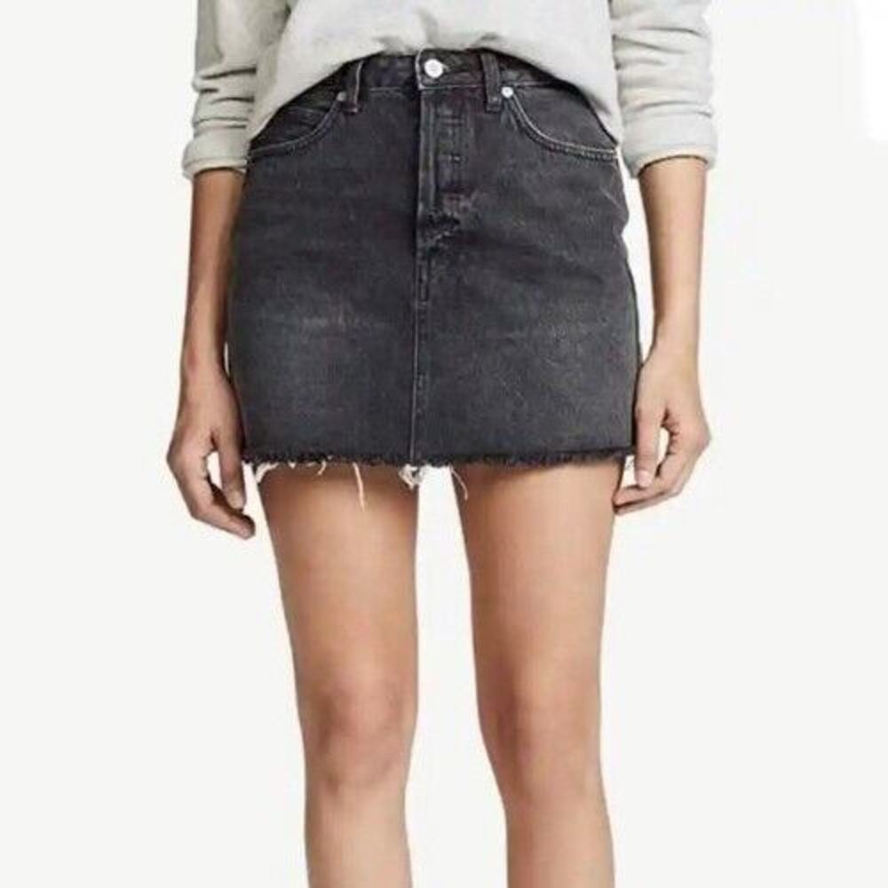 Free People 25 Denim Skirt Mini Rugged A-Line Black Distressed